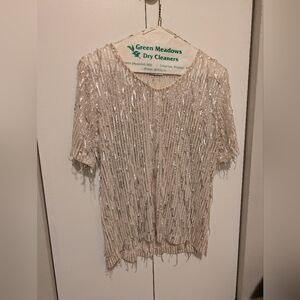 Sequin Short Sleeve Evening Top - Cream